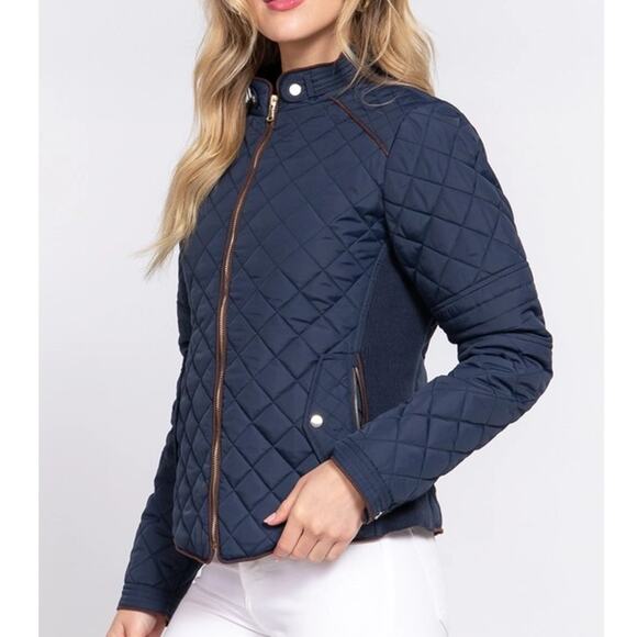 Suede Piping Detail Knit Rib Quilted Padding Jacket Navy Blue - Picture 4 of 6